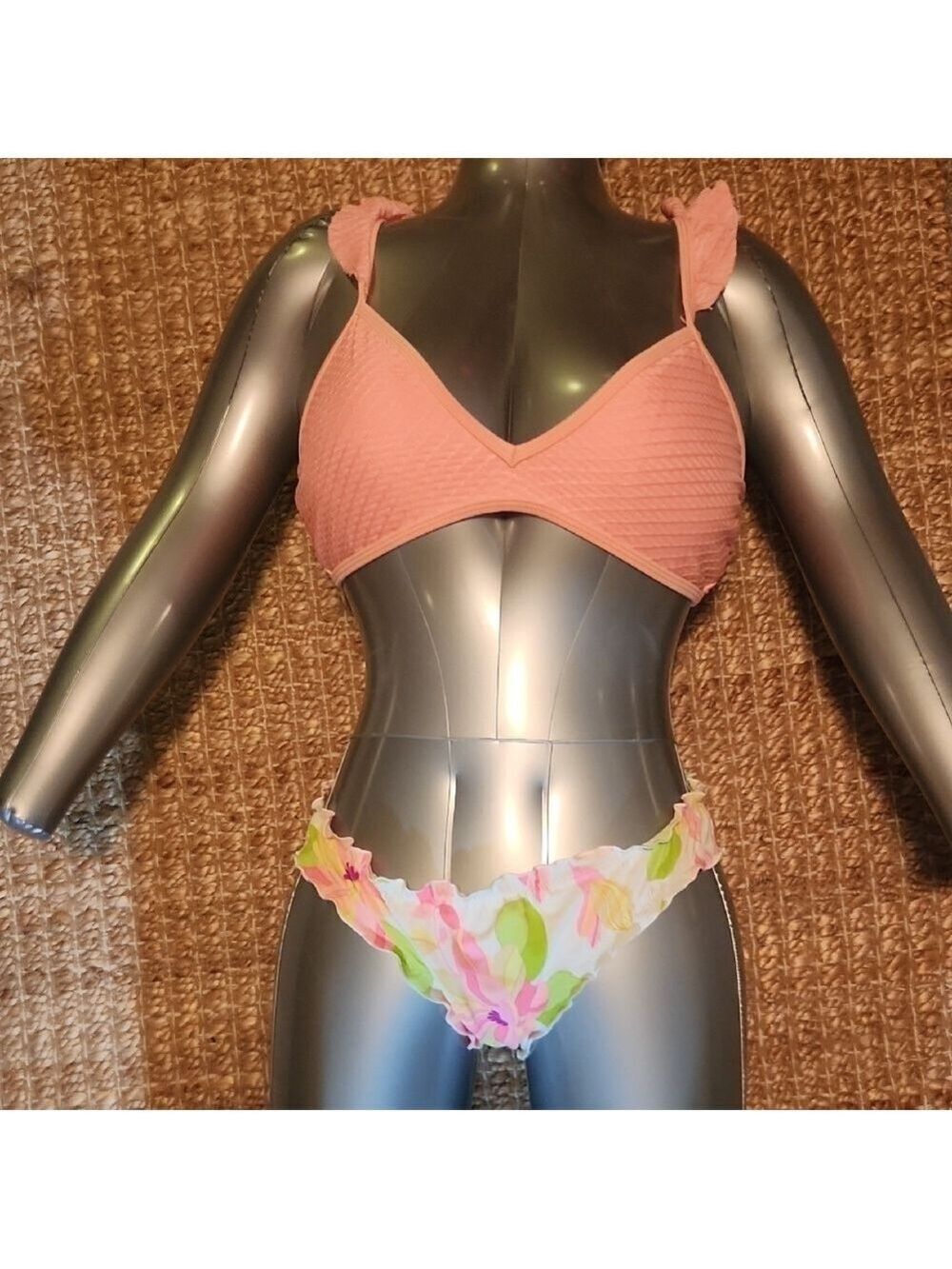 Chic Coral Flutter Strap Bikini Top with VS Ruffled Floral Bottom Whimsical